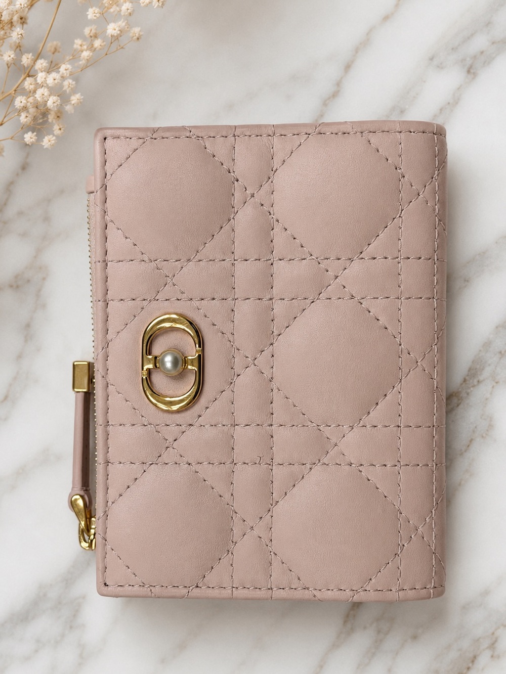 Dior Pink Quilted Leather Zip-Around Wallet with Gold Accent